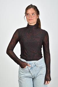 Ganni mesh top met lange mouwen en col bruin