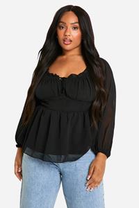 Boohoo Plus Long Sleeve Bardot Peplum Top, Black