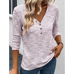 Light in the box Dames T-shirt Katoen nappi Dagelijks Elegant Casual Lange mouw V-hals Blozend Roze Lente Herfst