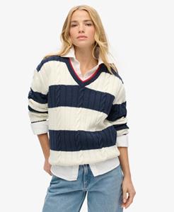 Superdry Vrouwen Oversized Kabeltrui met V-hals en Strepen Blauw