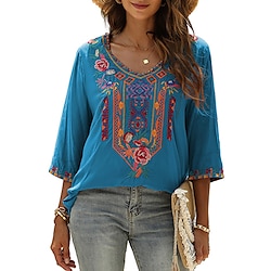 Light in the box Dames Blouse Geometrisch Geborduurd Dagelijks Boho 3/4 mouw V-hals Zwart Zomer