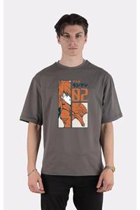 GreenMint Füme %100 Pamuk Bisiklet Yaka Oversize T-shirt Asuka Langley Evangelion