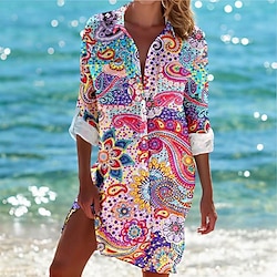 Light in the box Hawaiiaans overhemd Dames Overhemd Blouse Paisley nappi Afdrukken Casual Feestdagen Strand Vakantie Hawaii Strandstijl Lange mouw Overhemdkraag Blozend Roze Lente Herfst