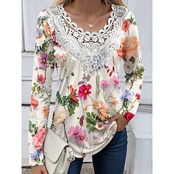 Light in the box Dames Overhemd Blouse Bloemig Kant Lapwerk Afdrukken Casual Modieus Lange mouw Ronde hals Zwart Lente Herfst