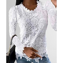 Light in the box Dames Overhemd Blouse Witte oogtops Zwart Wit Blozend Roze Effen Kant Lange mouw Werk Streetwear Casual Ronde hals Normaal Bloemen Thema S