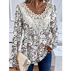 Light in the box Dames Overhemd Blouse Bloemig Kant Afdrukken Casual Feestdagen Modieus Lange mouw V-hals Zwart Lente Herfst