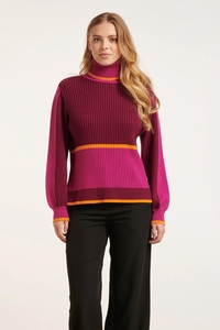 Smashed Lemon 24626 roze rood kleurblok gebreide top met turtle neck