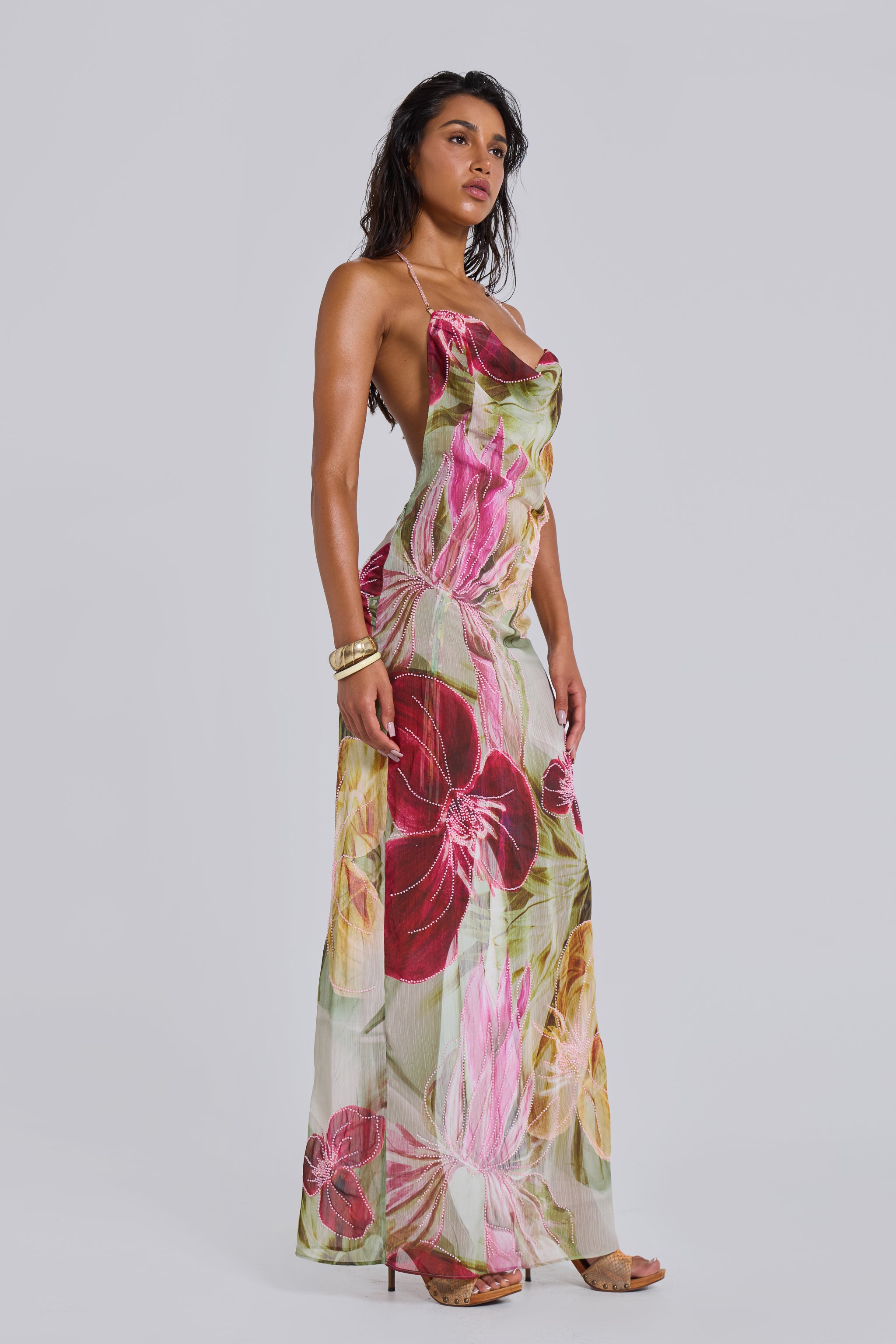 Jaded London Dahlia Hand-Beaded Backless Chiffon Maxi Dress