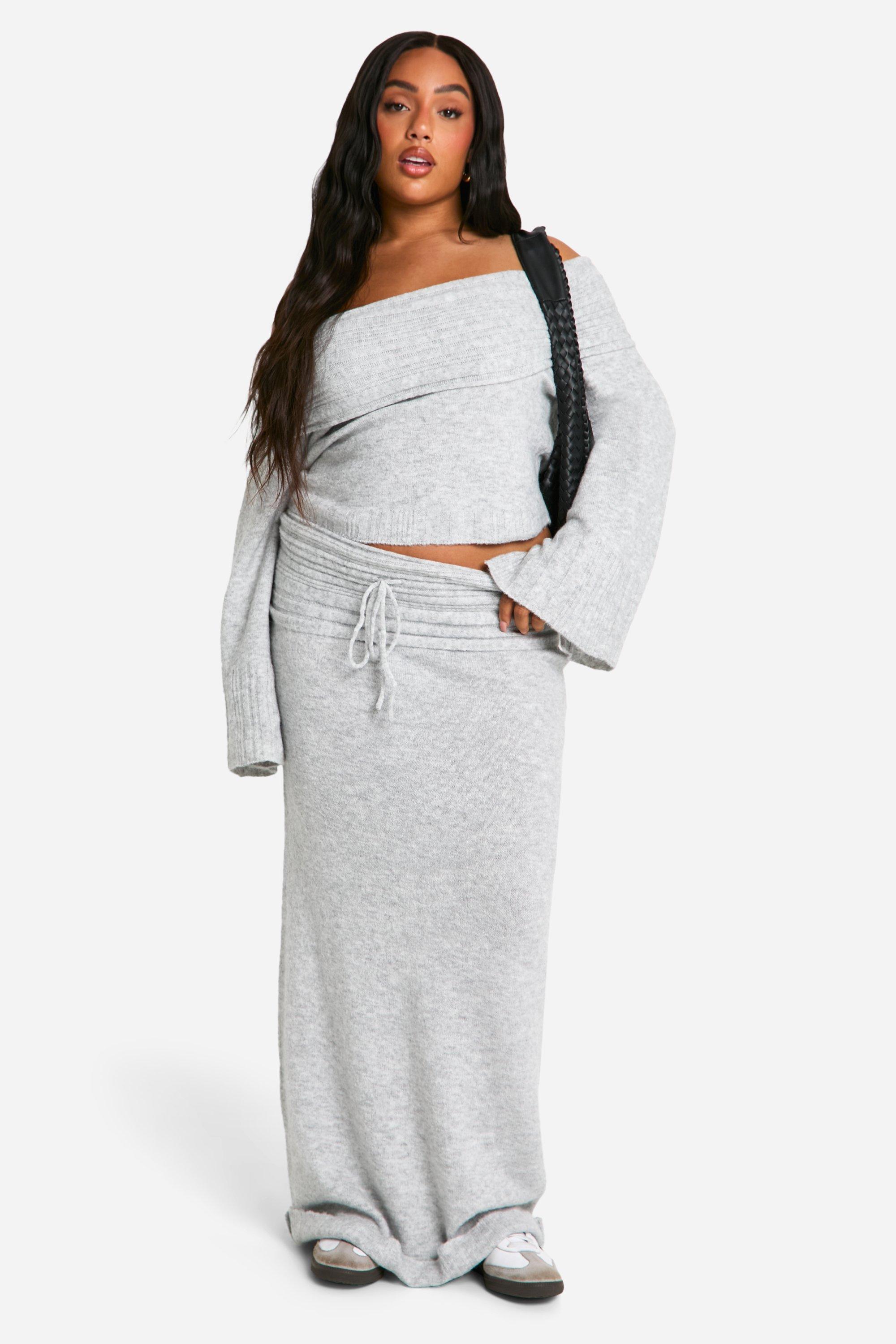 Boohoo Plus Geribbelde Gebreide Maxi Rok Met Veters, Grey