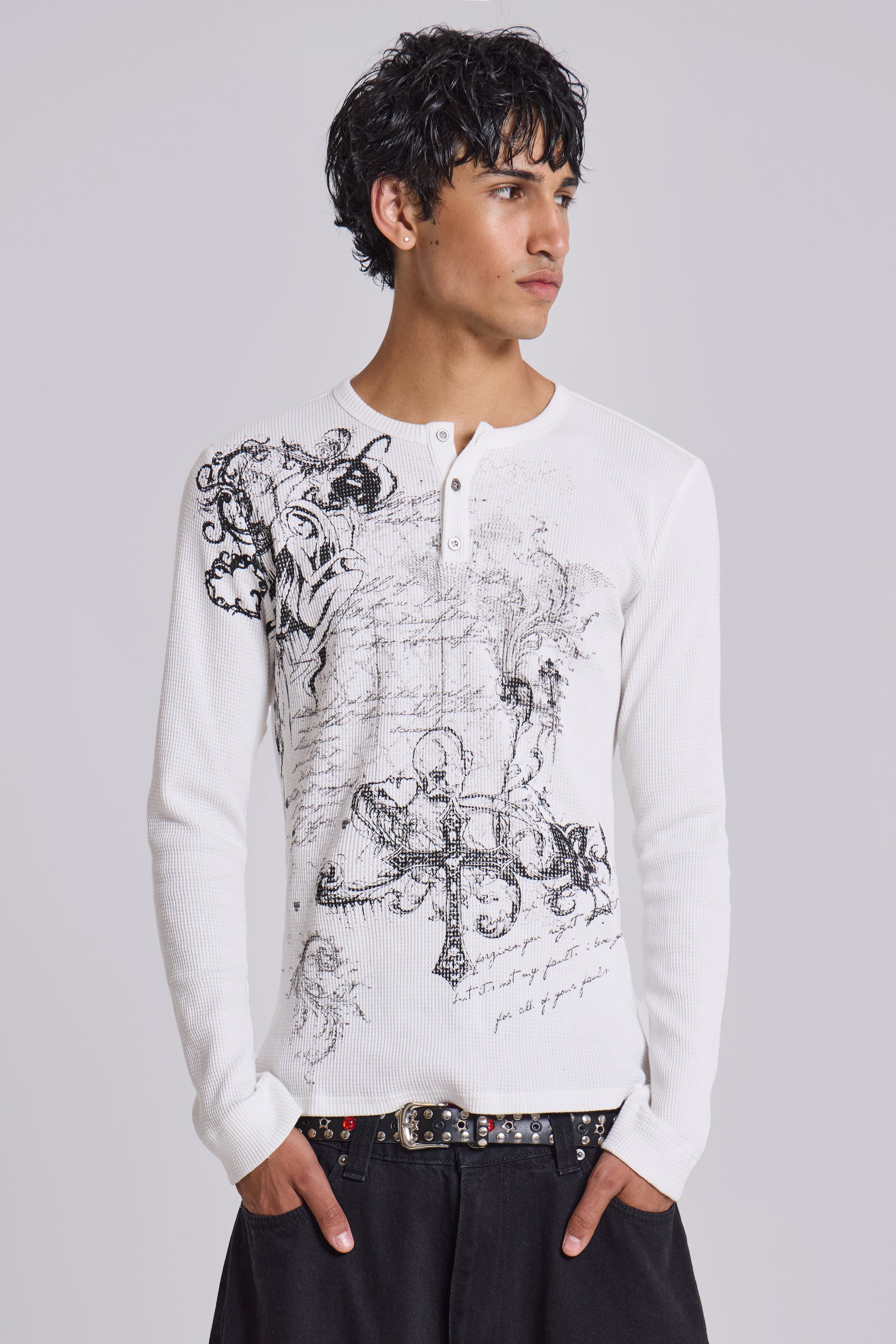 Jaded Man Anointed White Waffle Henley T-Shirt