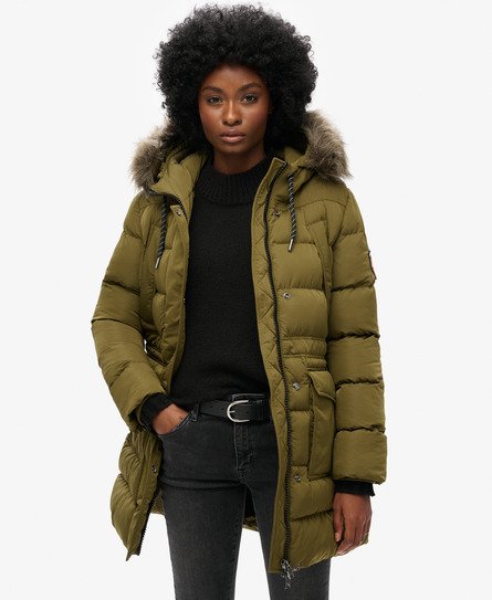 Superdry Vrouwen Everest Mid Pufferjas van Imitatiebont Groen