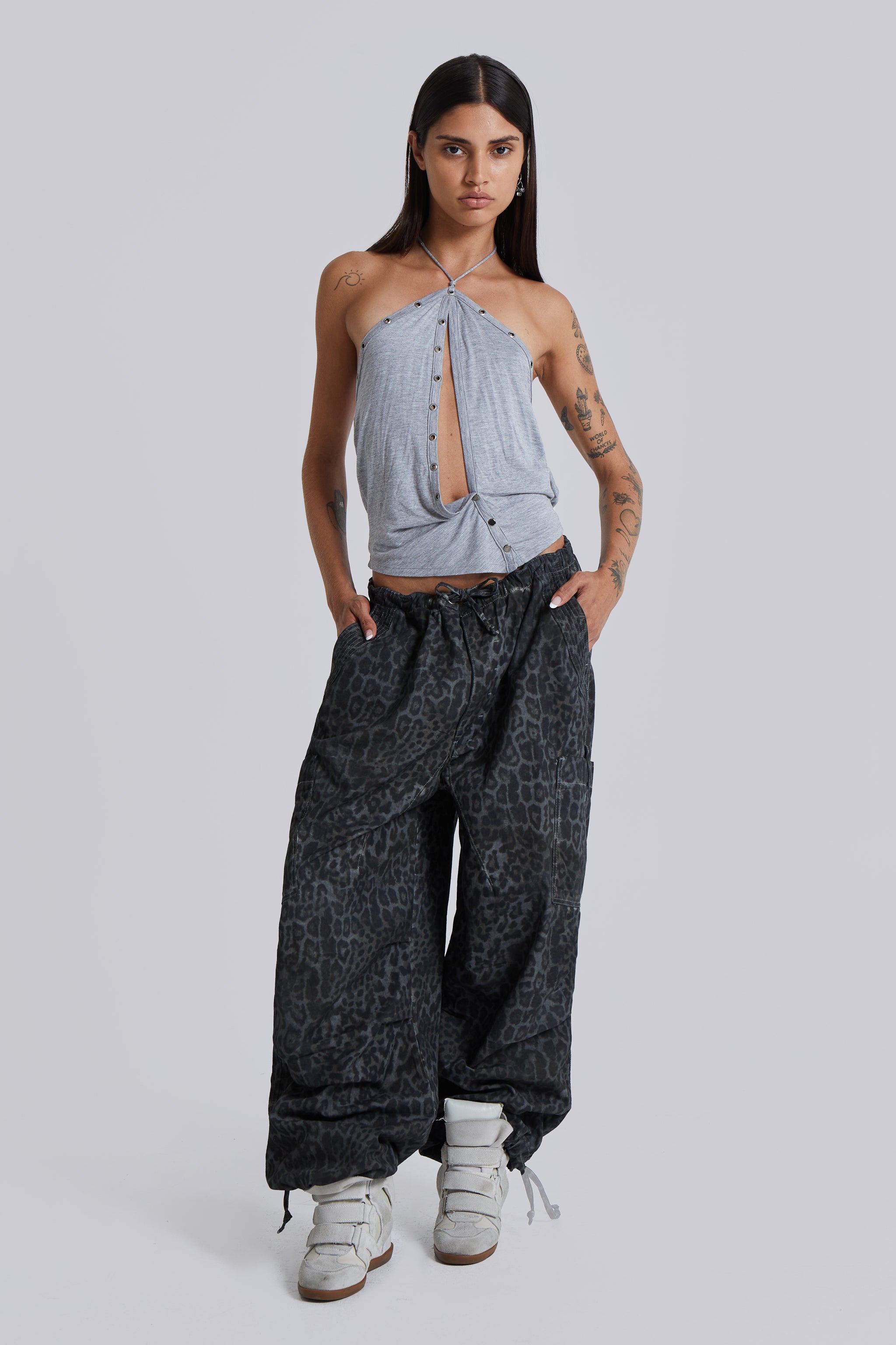 Jaded London Charcoal Leopard Parachute Pants