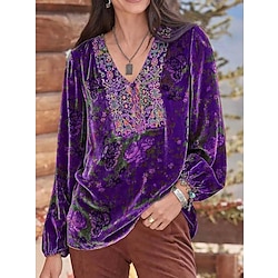 Light in the box Dames Overhemd Boho-shirt Blouse Fluweel Bloemig Afdrukken Feest Kerstmis Nieuwjaar Basic Lange mouw V-hals Geel Lente Herfst