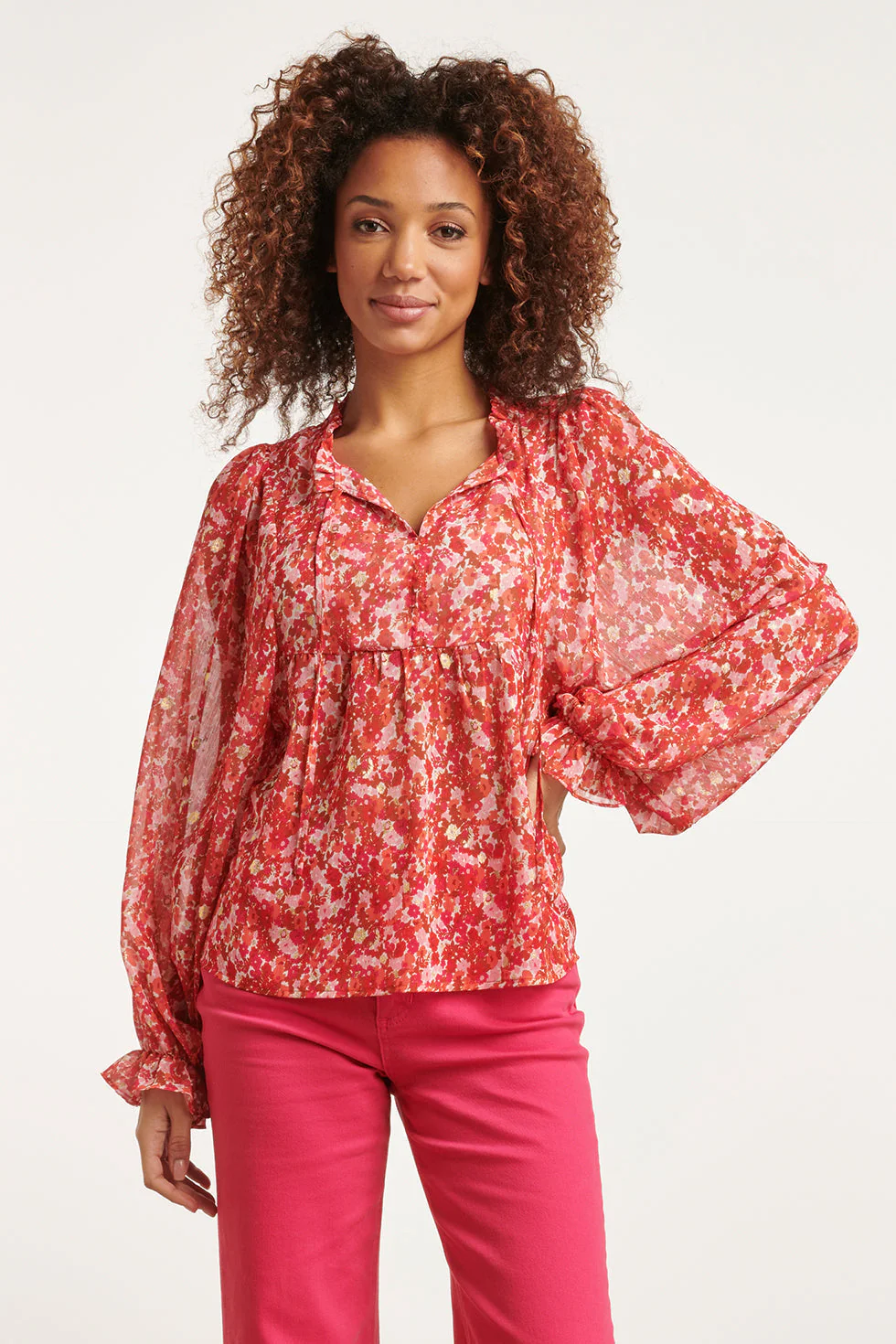 Smashed Lemon 23503 dames top rode en roze ditsy bloemenprint