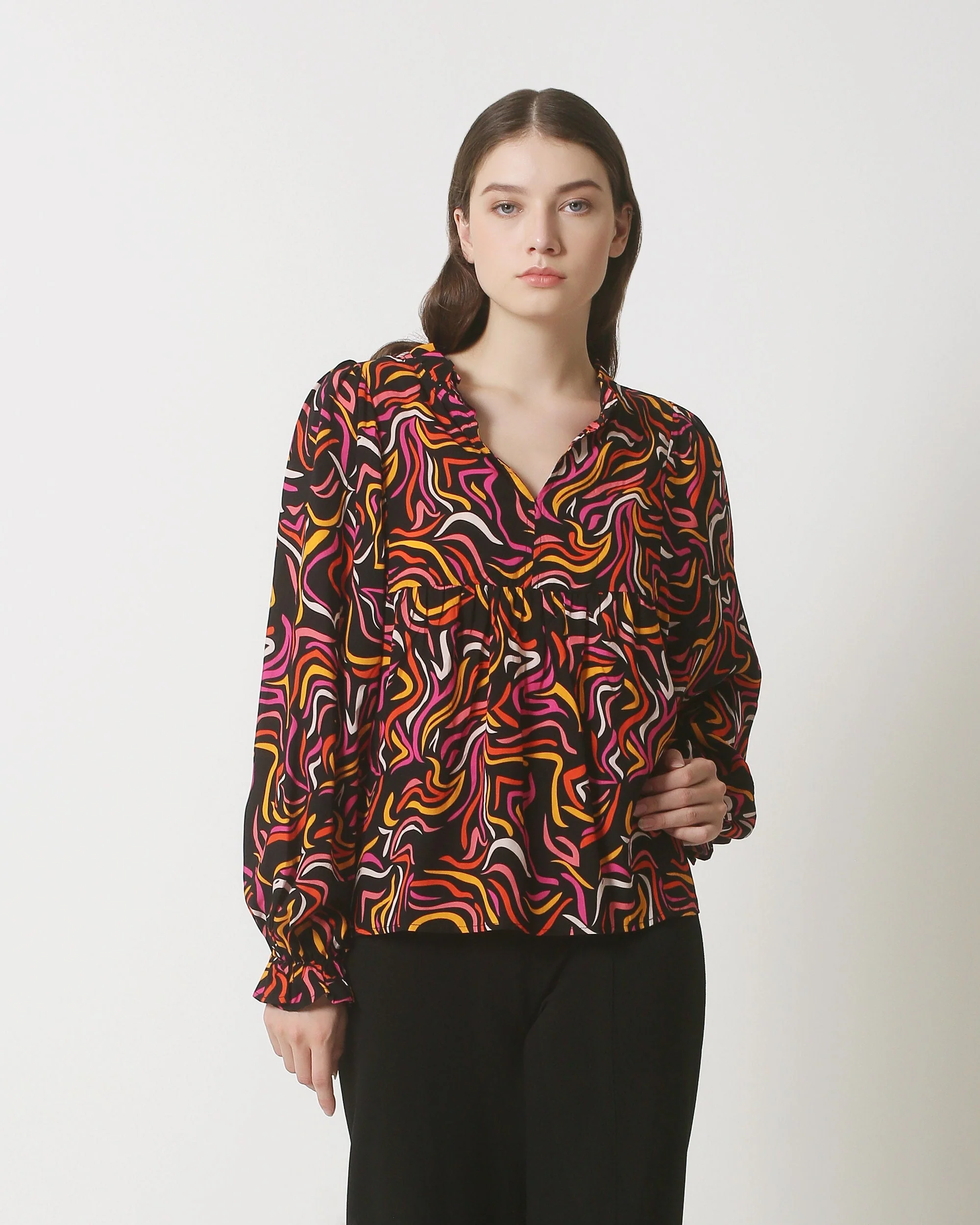 Smashed Lemon 23823 oranje multikleur grafische print v-hals top