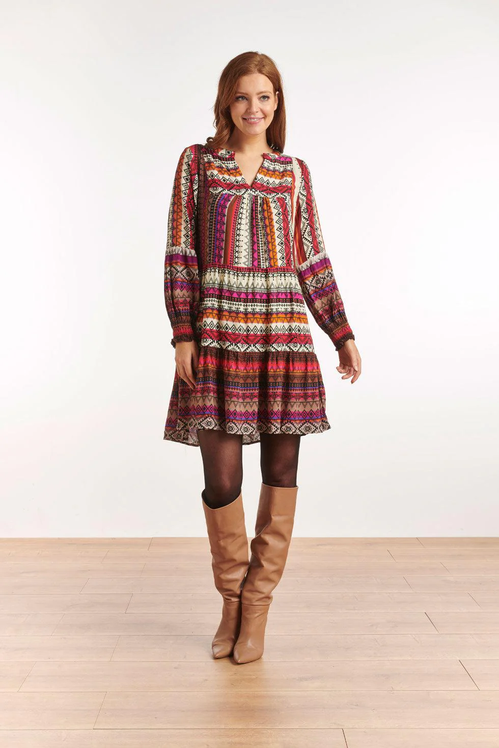 Smashed Lemon 22649 jurk lange mouwen print aztec ecovero