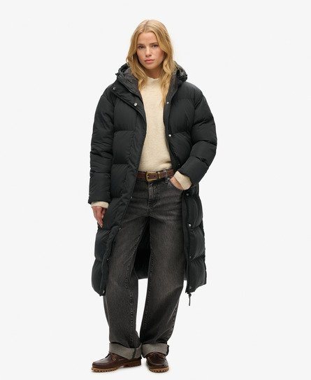 Superdry Female Lange Pufferjas met Capuchon Zwart