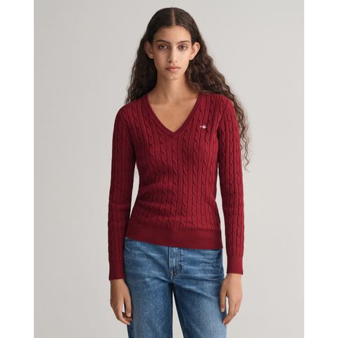 Gant Gebreide trui STRETCH COTTON CABLE V-NECK met logoborduursel op borsthoogte