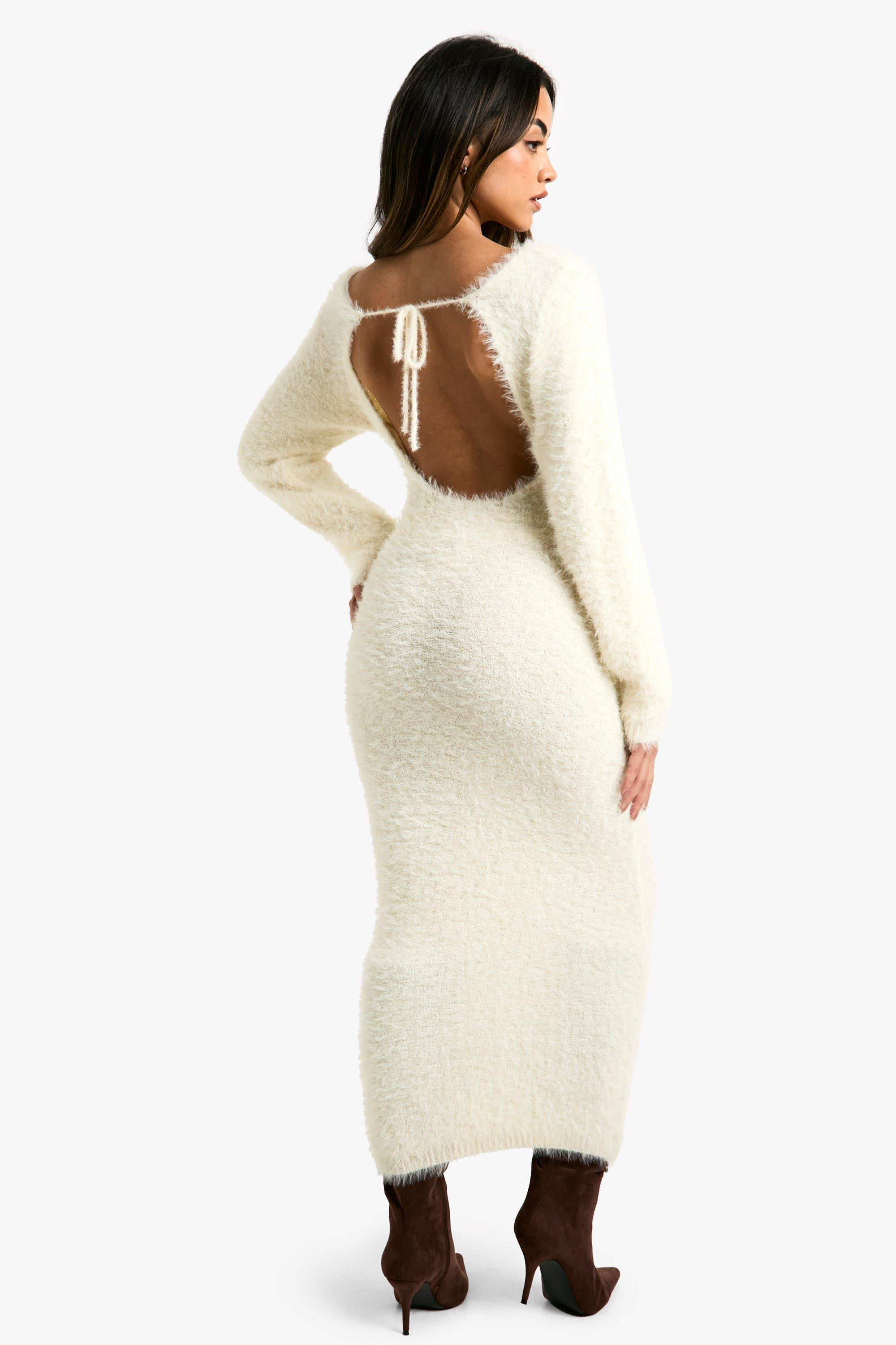 Boohoo Fluffy Knitted Open Back Maxi Dress, Cream