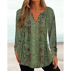 Light in the box Dames Overhemd Henley-shirt Blouse Bloemig nappi Afdrukken Casual Feestdagen Tuniekjes Basic Lange mouw Ronde hals Geel Lente Herfst