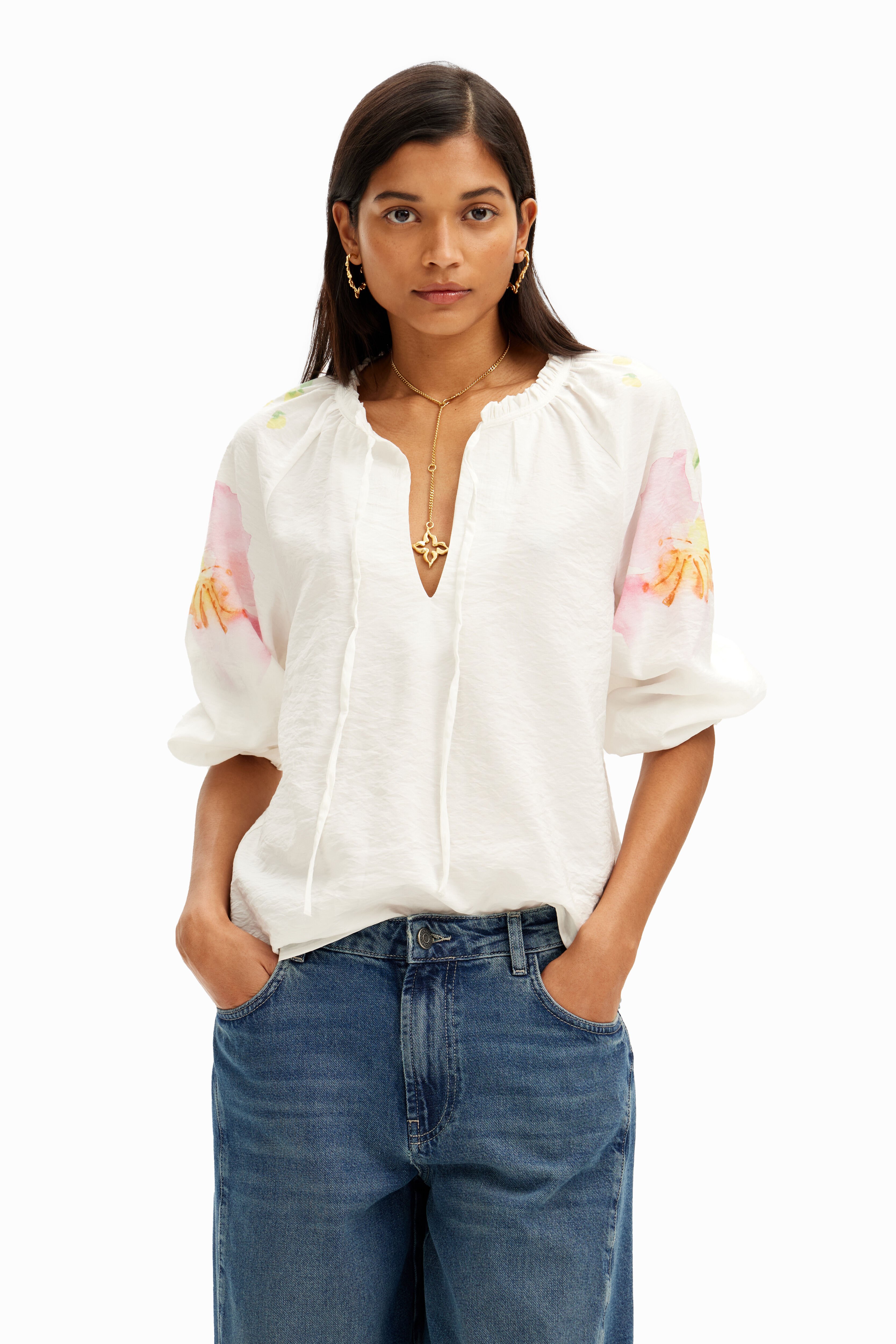 Desigual Luchtige blouse met aquarel bloemenprint. - WHITE