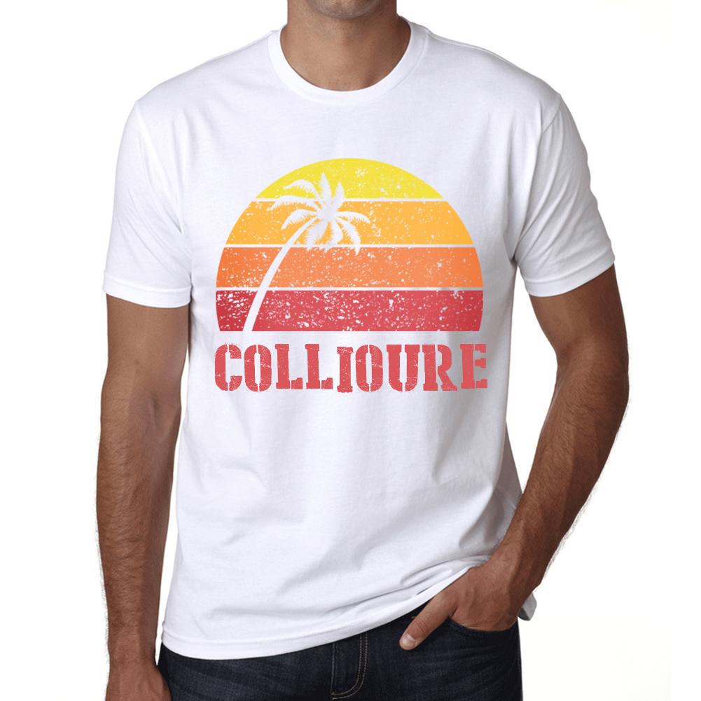 Ultrabasic Vintage T-shirt voor heren, grafisch T-shirt COLLIOURE zonsondergang wit