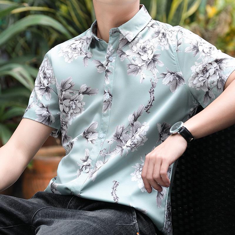 Fashion human Printed shirt men's short-sleeved summer ice silk half-sleeved tide ins loose thin section shirt