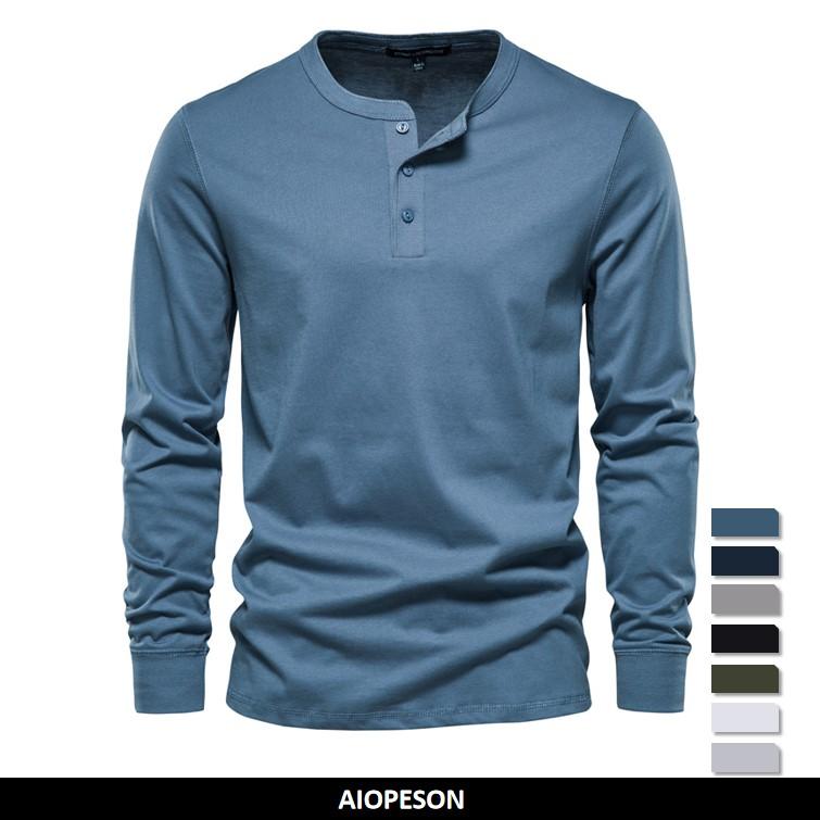 AIOPESON Men Fashion AIOPESON Henley Kraag 100% Katoenen T-shirt Mannen Casual Effen Kleur Lange Mouw Top Tees Mannen Nieuwe Herfst Hoge kwaliteit Heren T-shirts