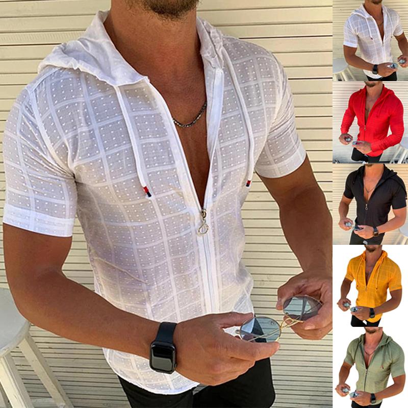 MAITA Elite Fashions Nieuw zomermode heren T-shirt met korte mouwen en capuchon en ritssluiting uit één stuk