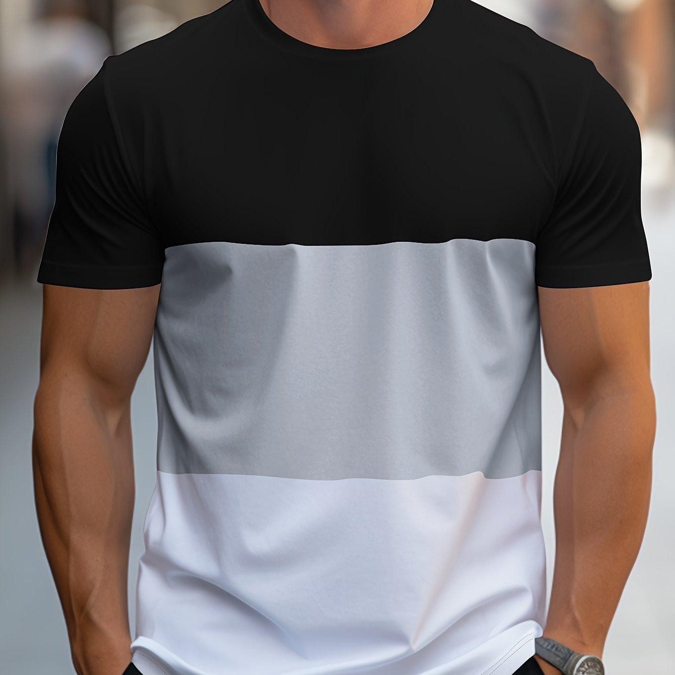 Etst 003 Casual Summer Wear, Men's Contrast Stripe Graphic Print T-shirt, Round Neck and Short Sleeves, Casual and Comfortable