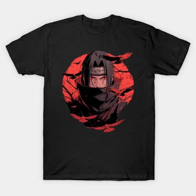 YSM Cotton Tshirt Zomercomfort Heren Ronde Hals Zwart Print T-shirt Uchiha Itachi No-Cut Transfer Print Katoenen T-shirt