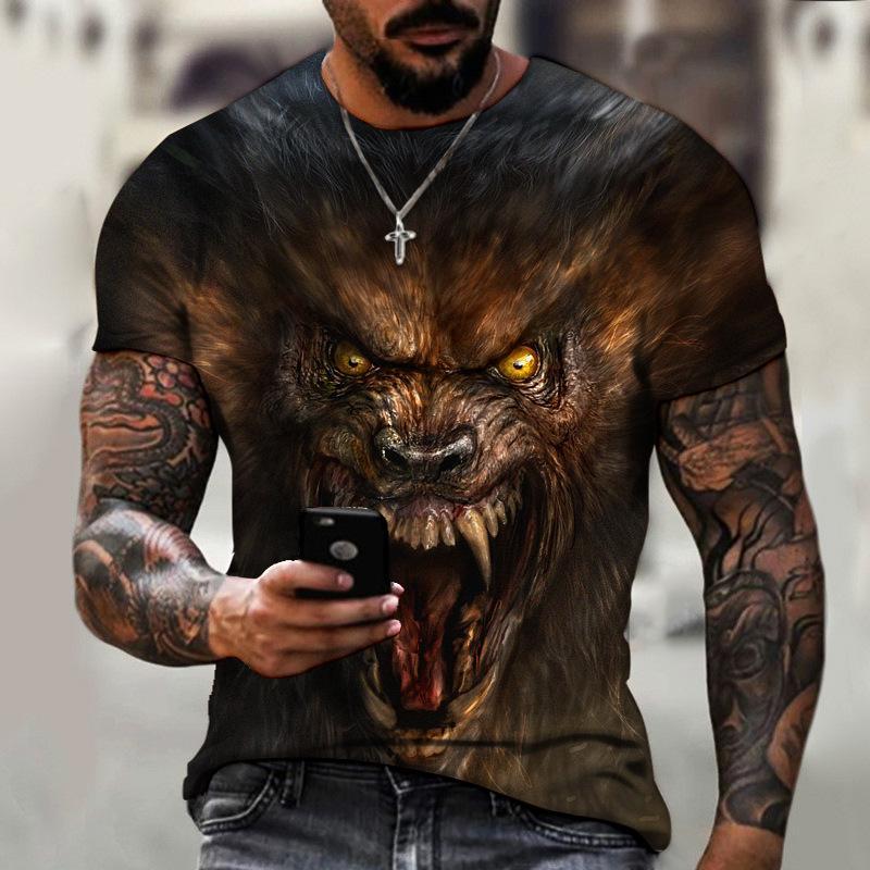 Muzi clothing Beest Wilde Wolf 3D Afdrukken Zwarte Serie Nieuwe Zomer heren T-shirt Korte mouwen Oversized Top Fashion Streetwear O-hals