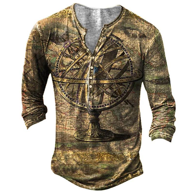 TIP723 Vintage V-hals Heren T-shirts Met Lange Mouwen 3d Print Navigatie Henley Shirt Hip Hop Trui Oversized T-shirt Mannen streetwear