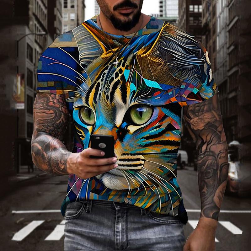 ETST 07 Zomer 3d Print Heren T-shirts Grappige Blauwe Kat Patroon T-shirt Mode Korte Mouwen Top Tee Ronde Hals ademend Shirt Voor Mannen