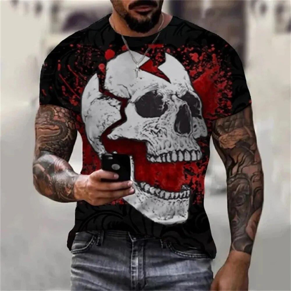 Wengy 2 Heren zomer nieuwe ronde hals T-shirt Terror Skull grafische 3D print korte mouw vintage casual mode heren straatkleding