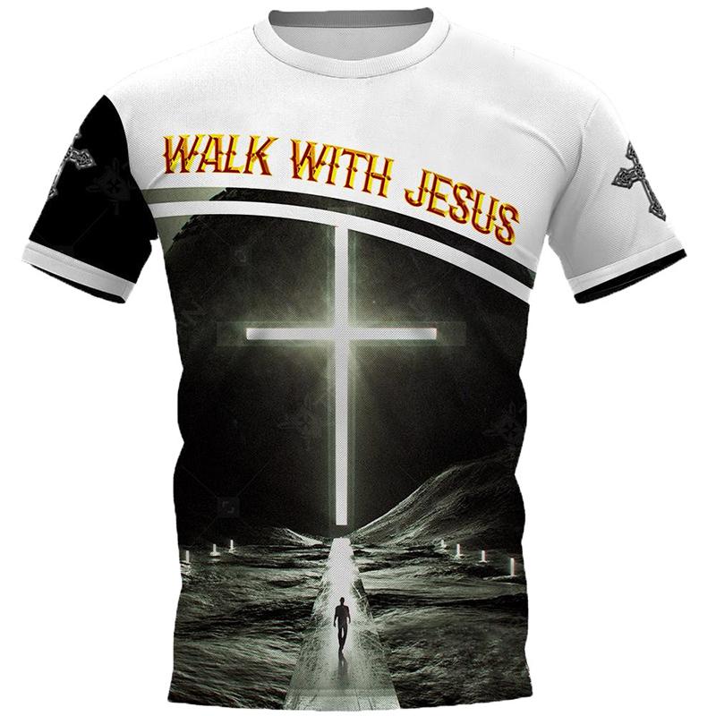 ETST 03 Christian Jesus Katholieke Print Heren T-shirts Zomer Polyester Ronde Hals Losse Korte Mouw Mannelijke Tops Oversized T-shirt Voor Mannen