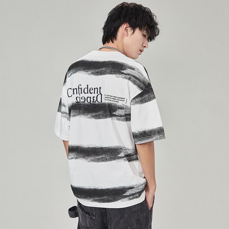 Fashion human Summer new striped printed loose t-shirt short-sleeved body shirt round neck drop shoulder tops large size men's striped T-shirt