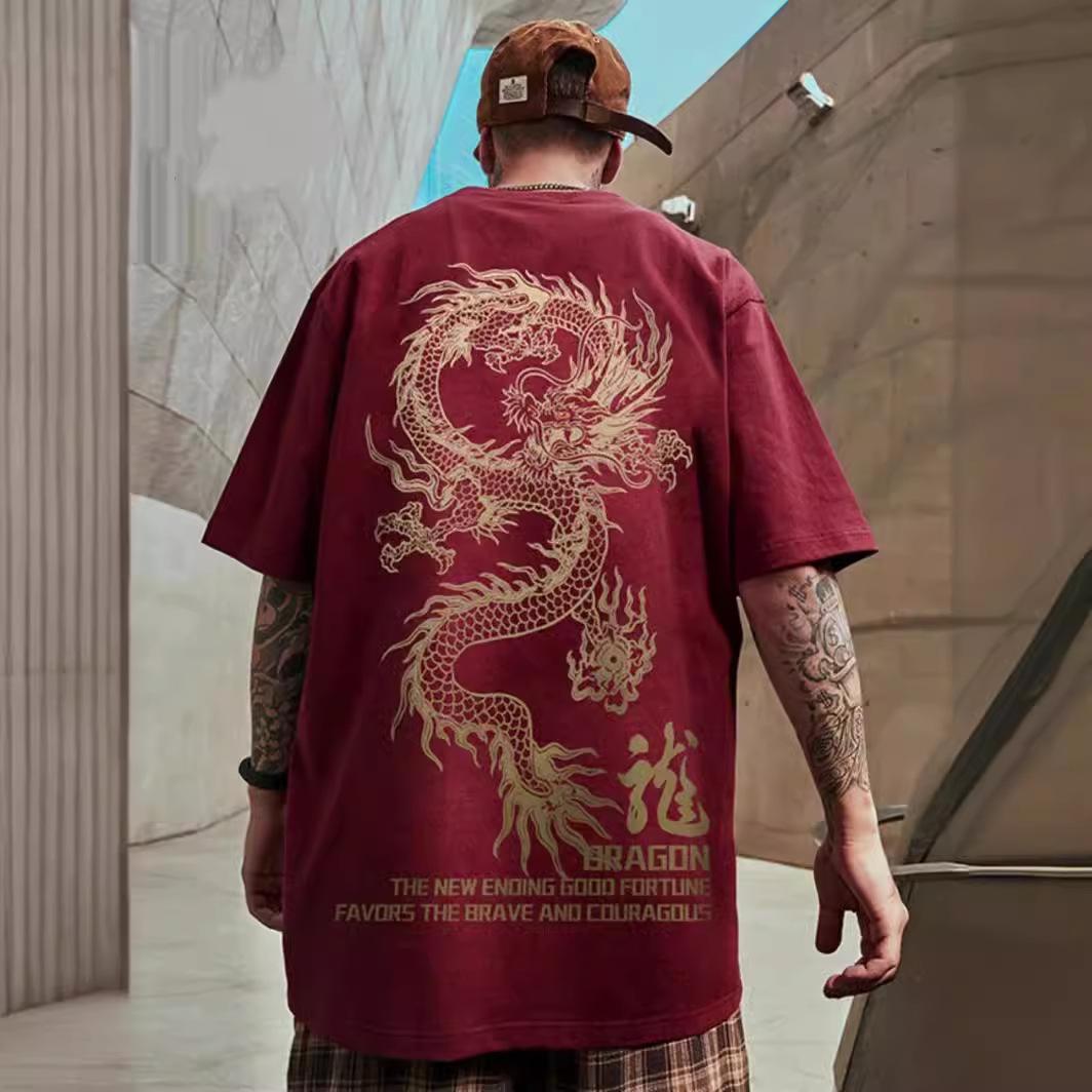 Fashion human Nieuwe Chinese wind Jaar van de Draak gedrukte t-shirt met korte mouwen mannen losse grote werven straat hiphop vijf half mouwen tops