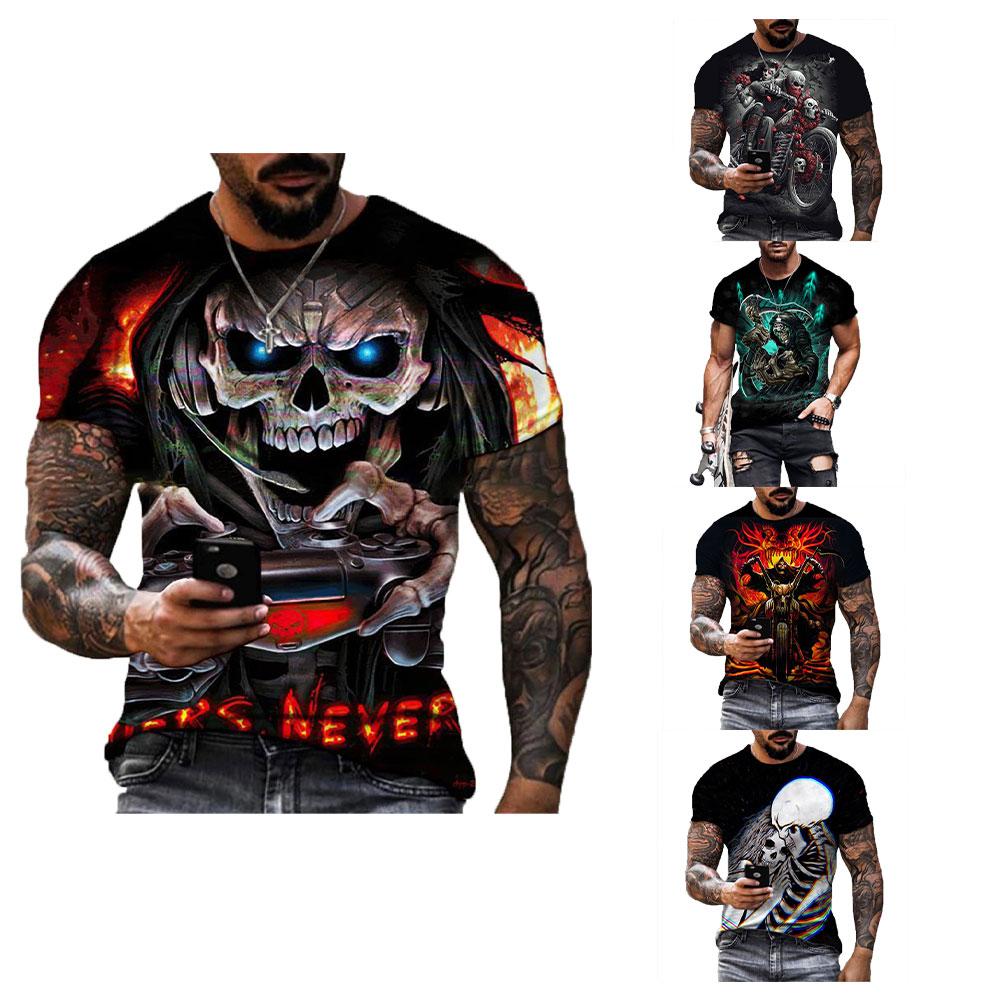 ETST 012 Zwarte Schedel T-shirt Mannen Punk Schedel T-shirt Rock Gun Blauw T-shirt 3D Gedrukt T-shirt Retro Gothic Herenkleding zomer Top