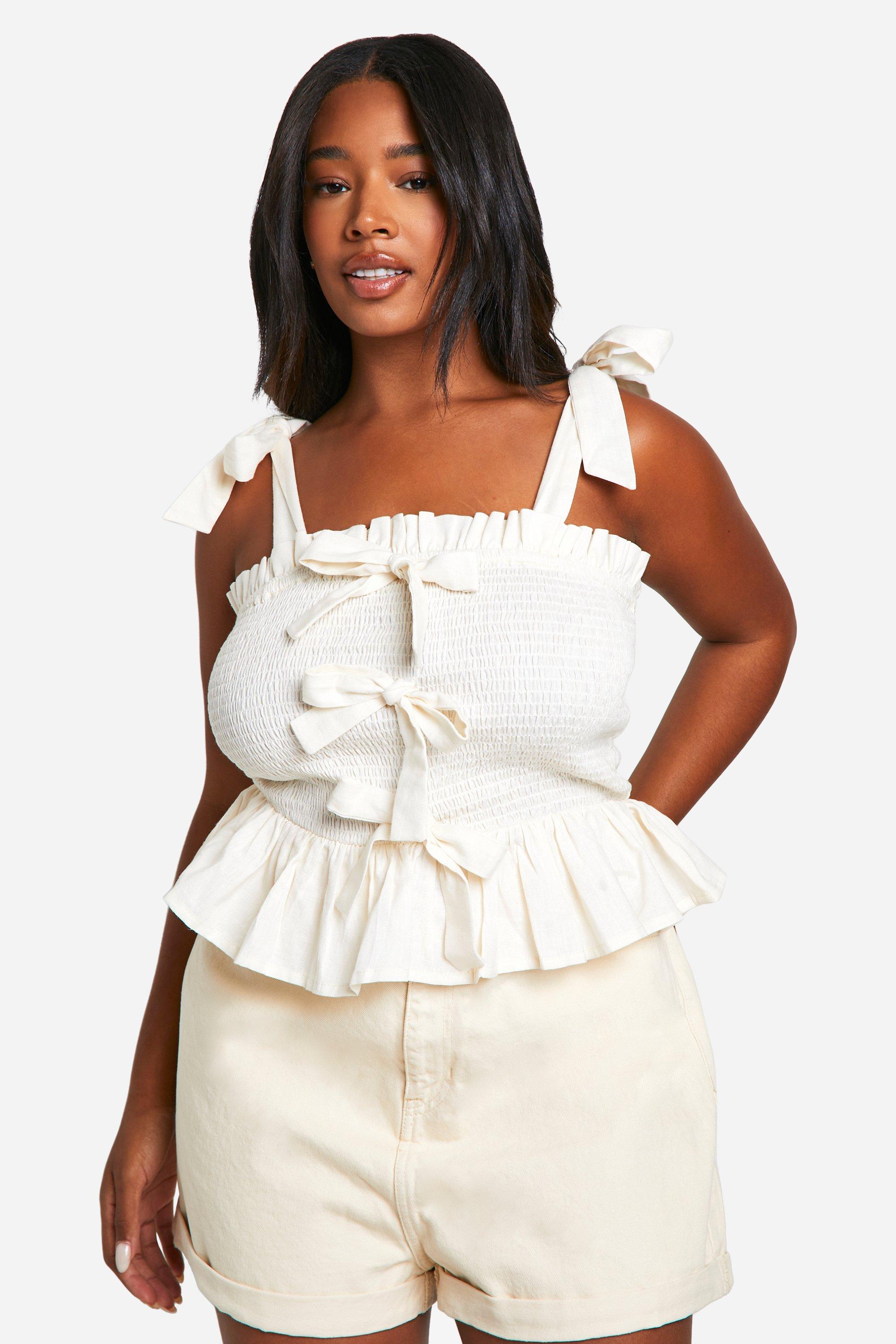 Boohoo Plus Katoenen Crop Top Met Geplooide Strik, Cream