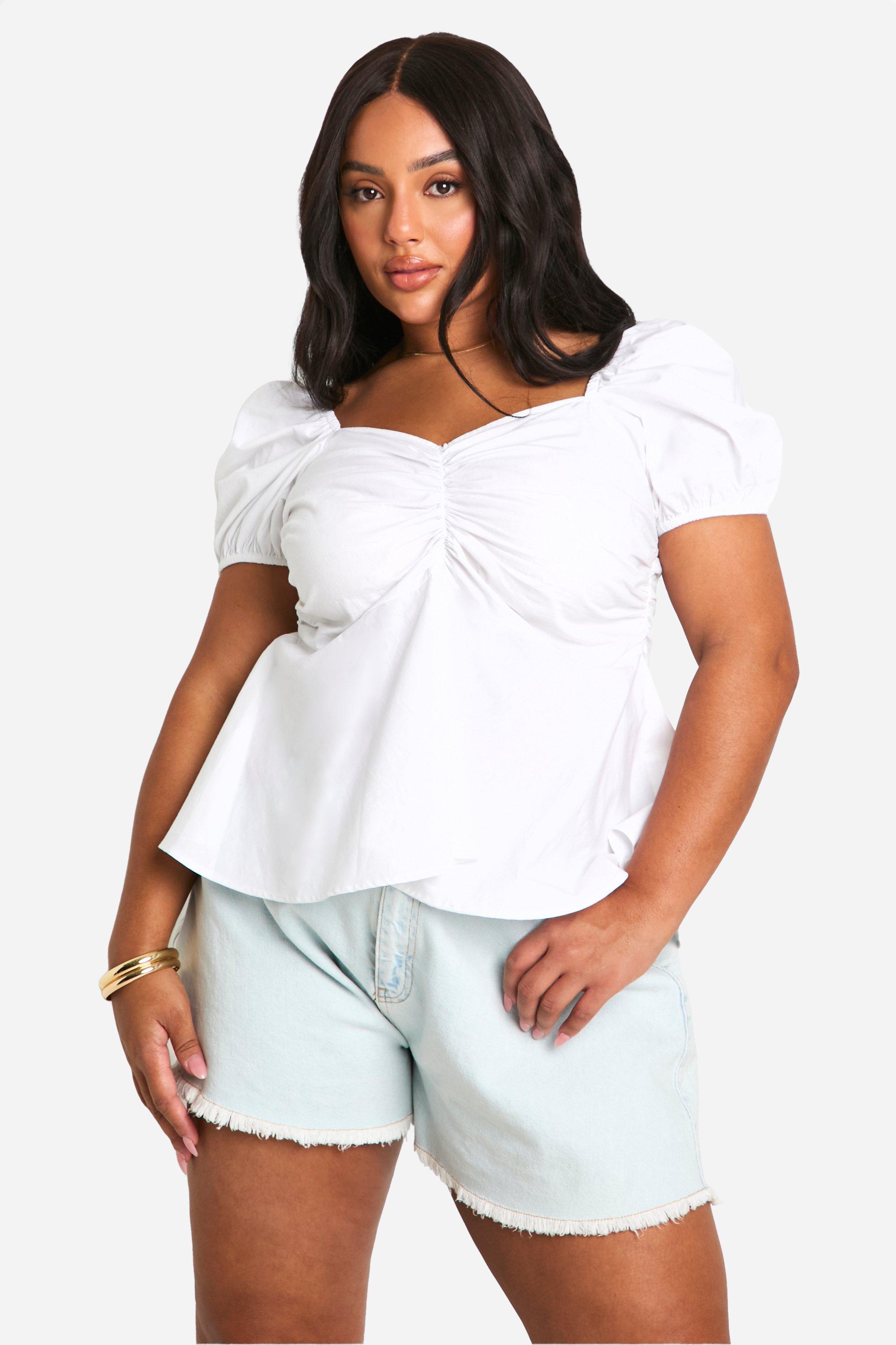 Boohoo Katoenen Poplin Peplum Top Met Pofmouwen, White