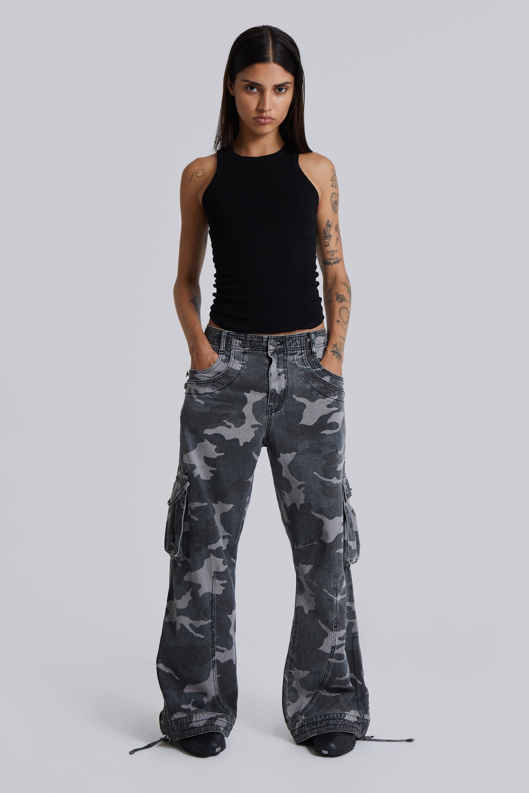 Jaded London Washed Black Trooper Camo Cargo Pant