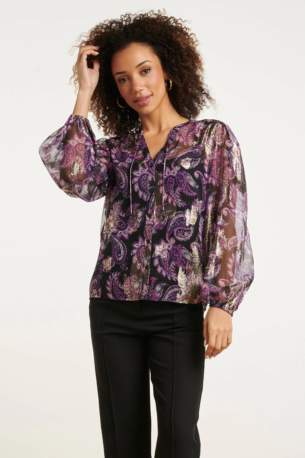 Smashed Lemon 24801 paarse paisley blouse met zilveren jacquard