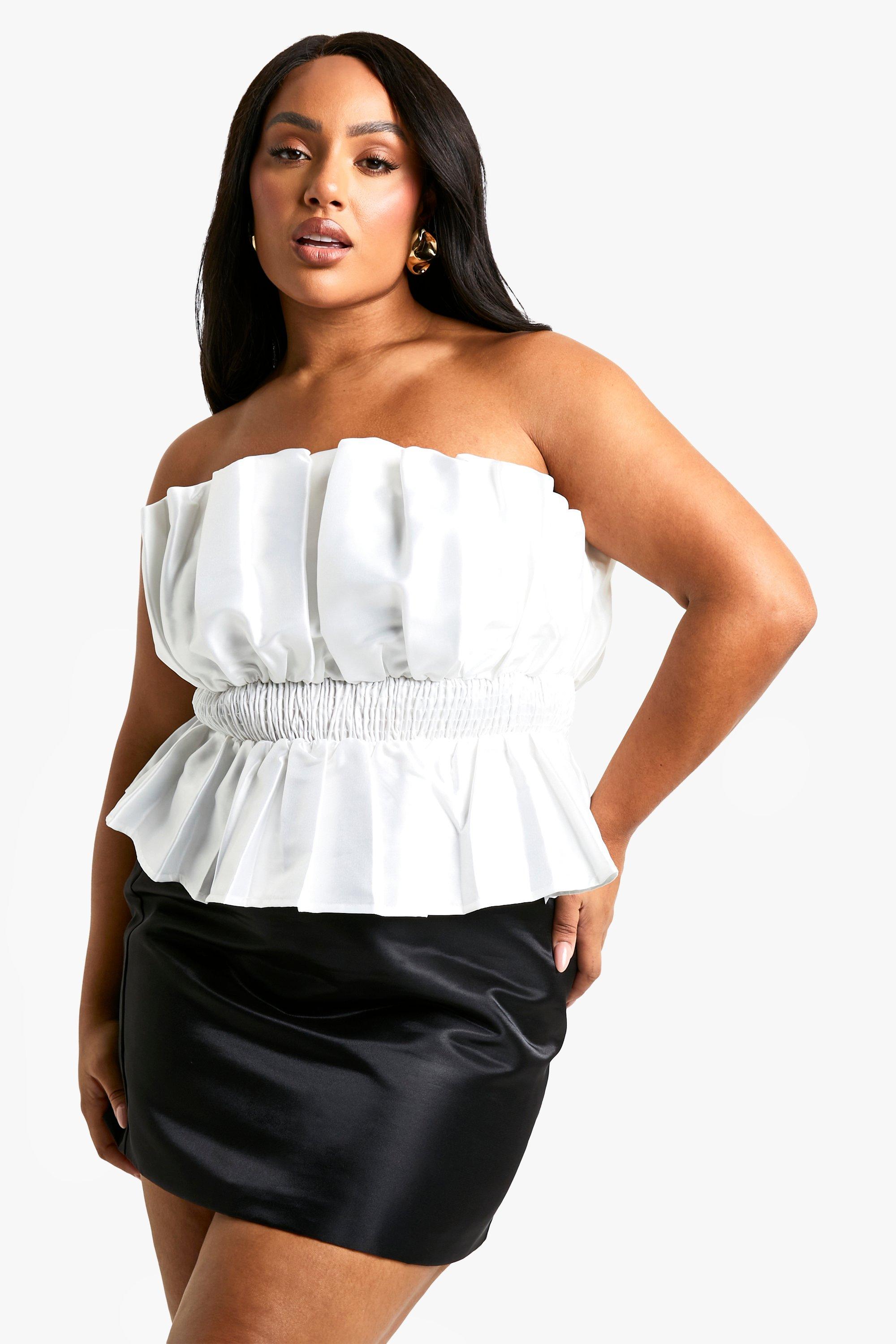 Boohoo Plus Taffeta Peplum Top Met Pofballen, Ivory