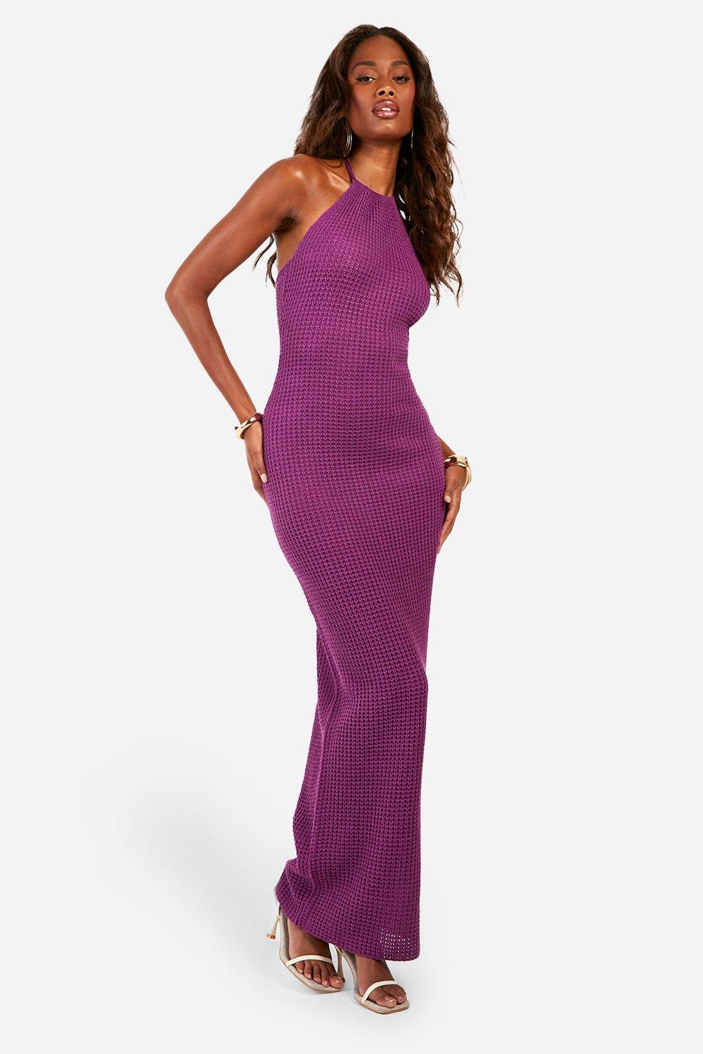 Boohoo Gehaakte Maxi Jurk Met Halter Neck, Purple