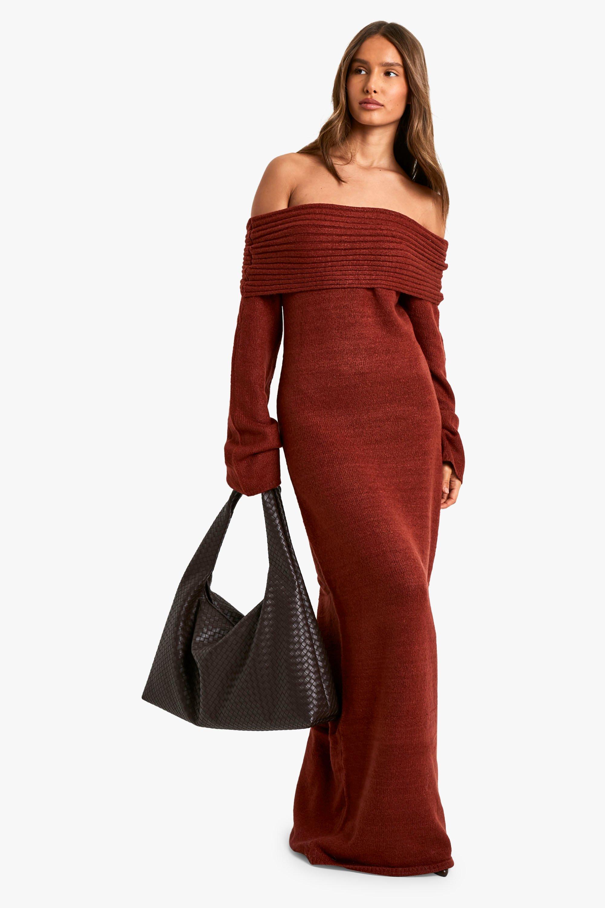 Boohoo Oversized Geribbelde Zachte Gebreide Trui Jurk Met Uitgesneden Hals, Chocolate