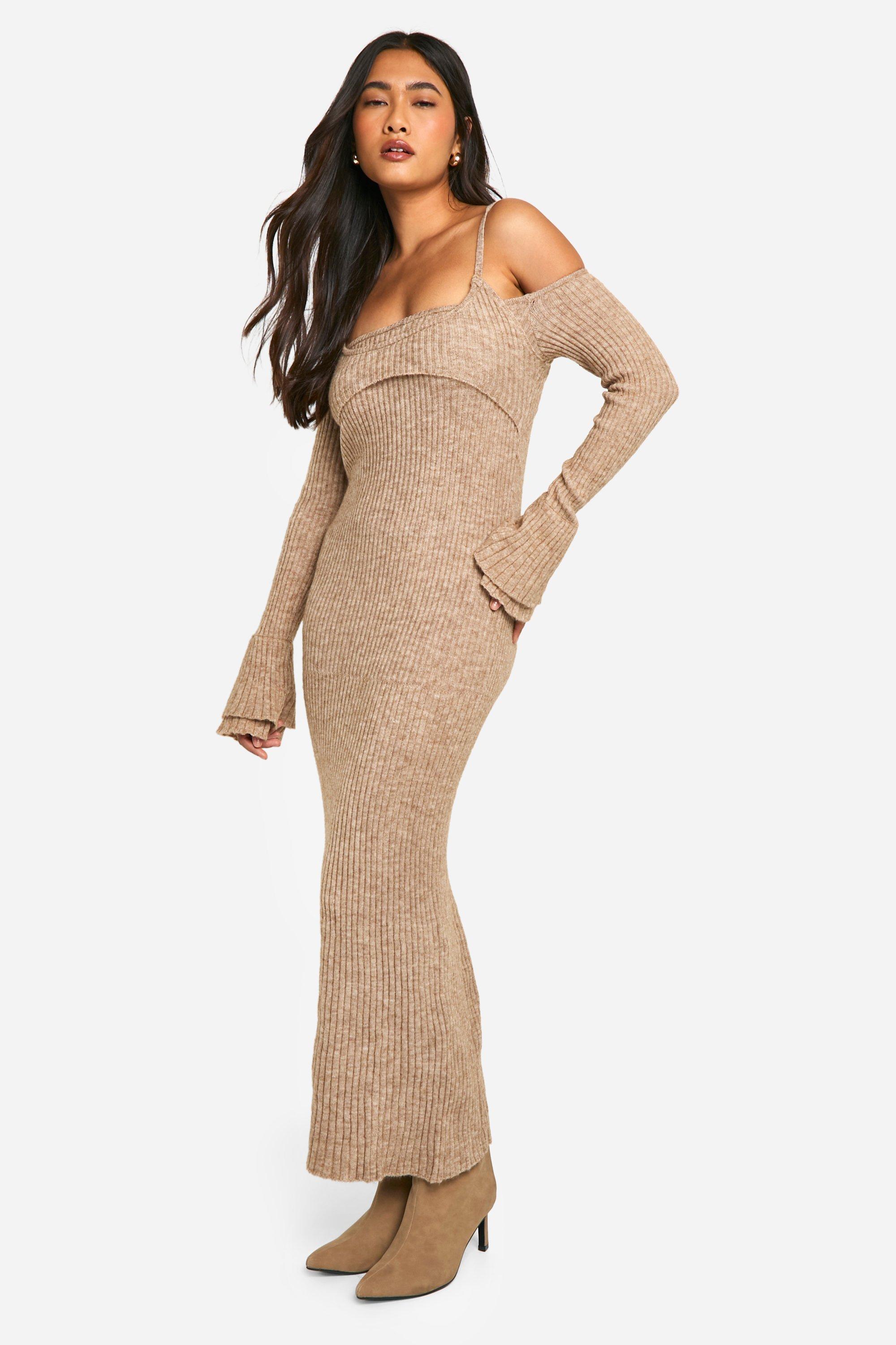 Boohoo Geribbelde Gebreide Maxi Jurk Met Uitgesneden Halter Neck, Oatmeal