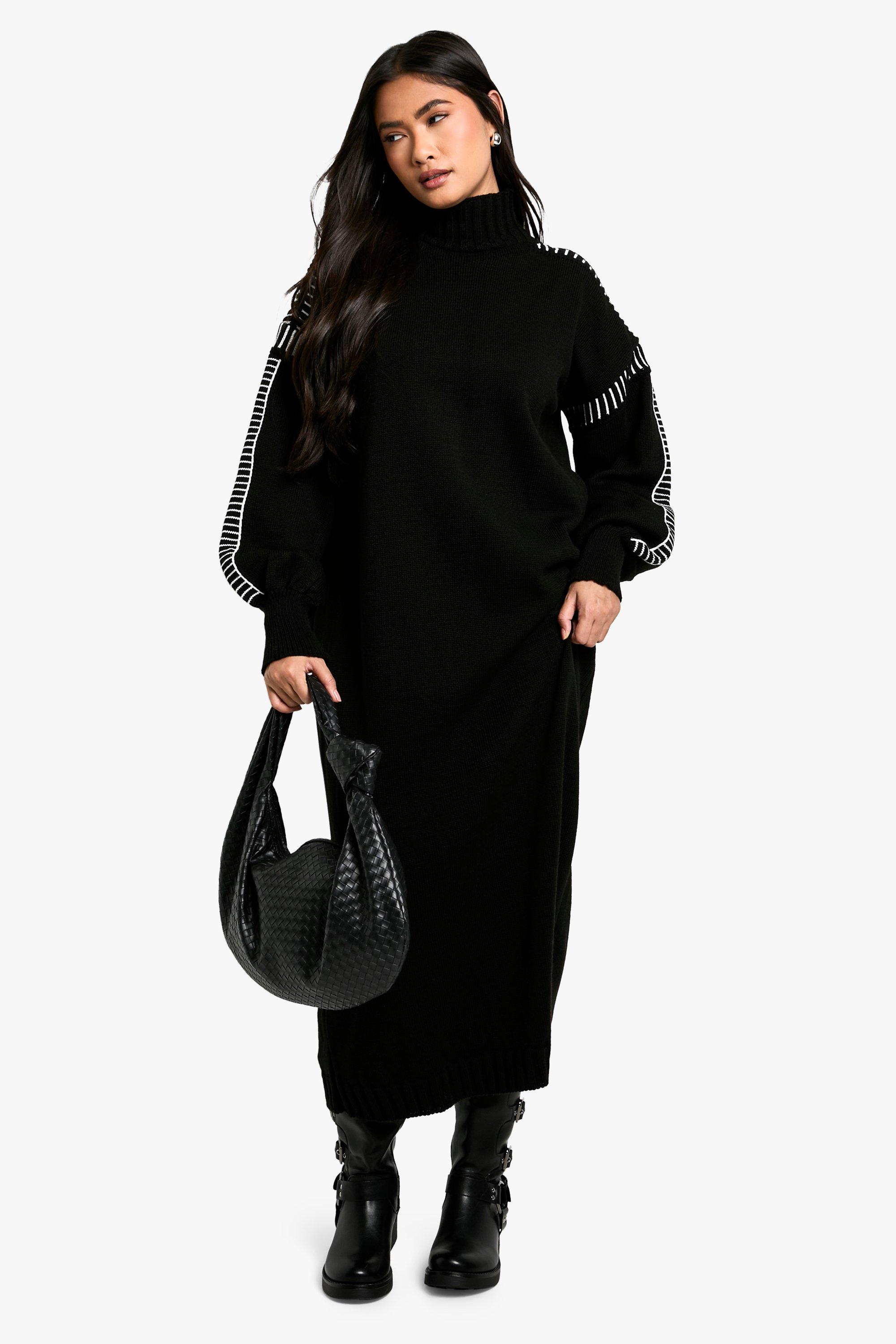 Boohoo Oversized Gebreide Maxi Jurk Met Stiksels, Black