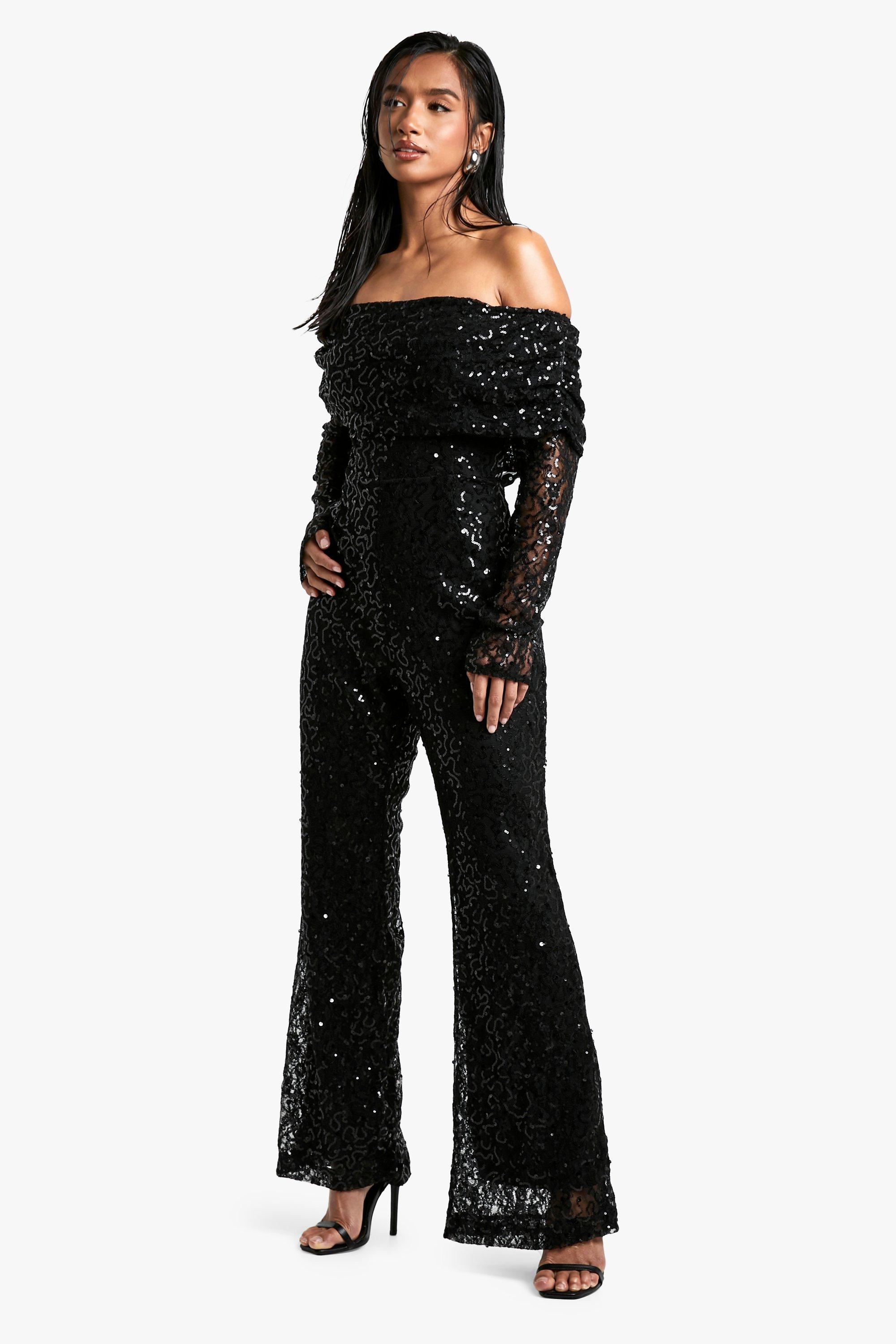 Boohoo Petite Kanten Off Shoulder Jumpsuit Met Pailletten, Black