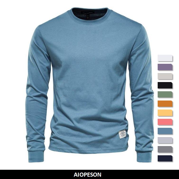 AIOPESON Men Fashion AIOPESON Effen Kleur Katoenen T-shirt Mannen Casual O-hals Lange Mouwen Heren T-shirts Nieuwe Herfst Hoge Kwaliteit Kleurrijke T-shirt voor Mannen S 50-60 kg wit